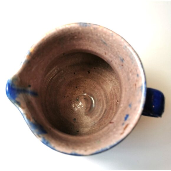 Vtg Art Pottery Pitcher Blue Green Yellow Drip Glaze Jug MCM Fat Lava Style - Picture 2 of 10